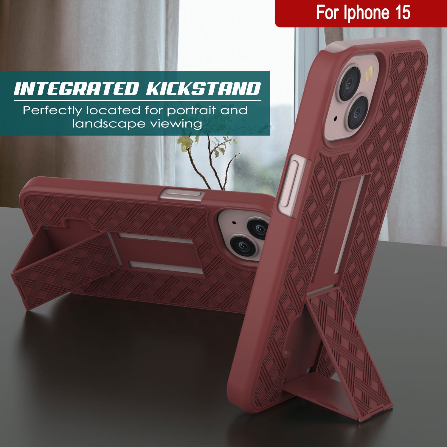 iPhone 15 Case With Tempered Glass Screen Protector, Holster Belt Clip & Built-In Kickstand [Red]