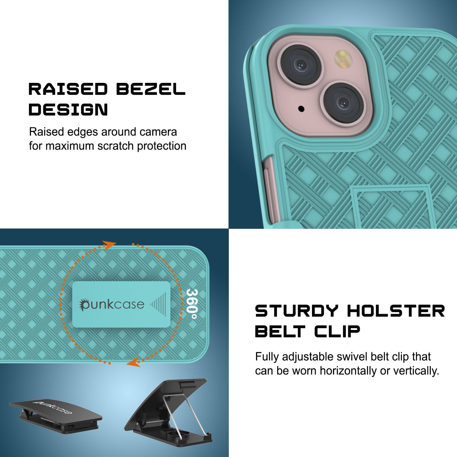 iPhone 15 Case With Tempered Glass Screen Protector, Holster Belt Clip & Built-In Kickstand [Teal]