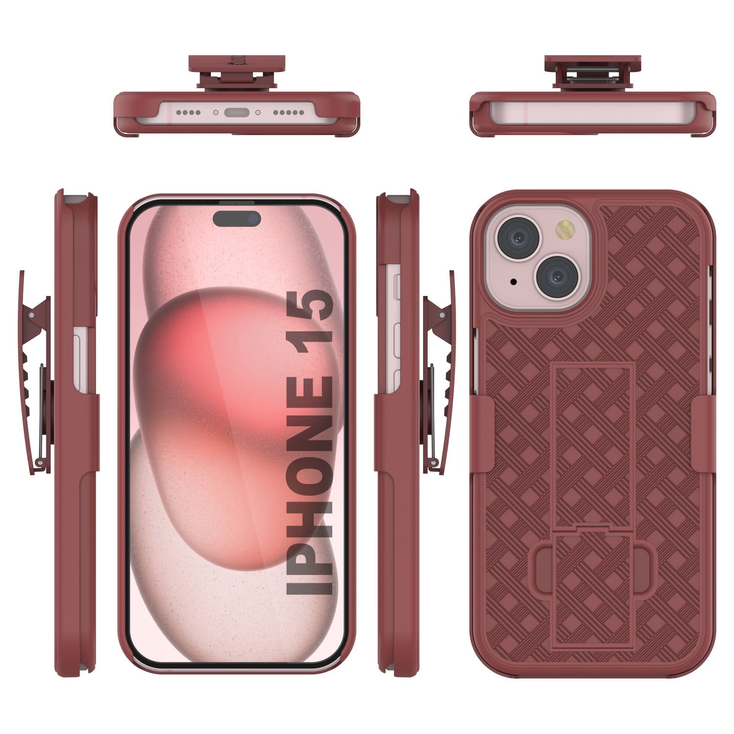 iPhone 15 Case With Tempered Glass Screen Protector, Holster Belt Clip & Built-In Kickstand [Red]