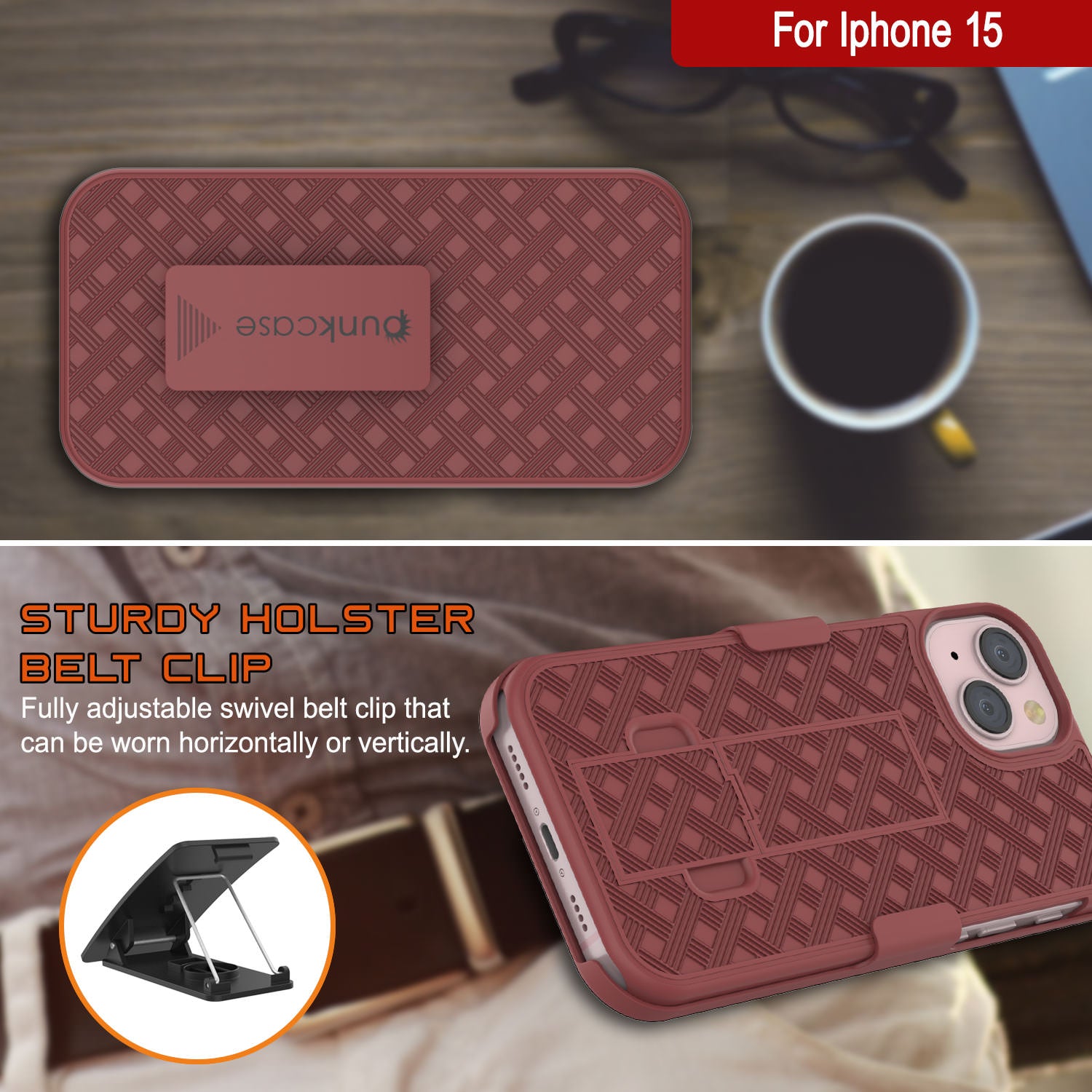 iPhone 15 Case With Tempered Glass Screen Protector, Holster Belt Clip & Built-In Kickstand [Red]