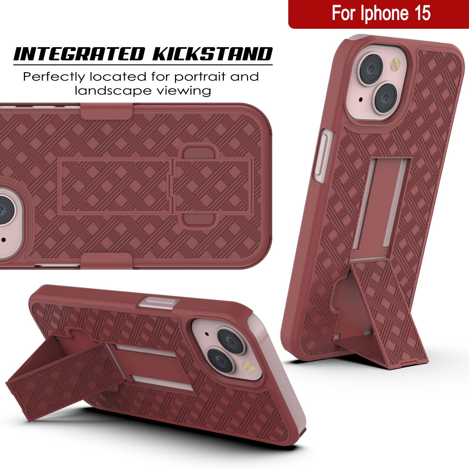 iPhone 15 Case With Tempered Glass Screen Protector, Holster Belt Clip & Built-In Kickstand [Red]