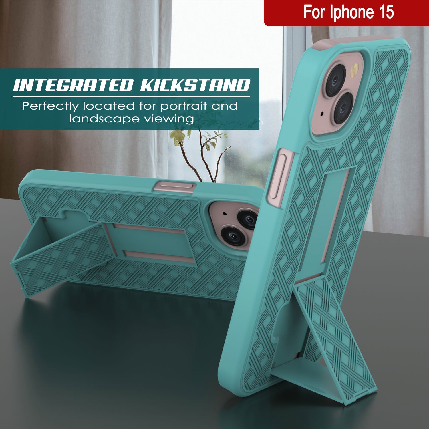 iPhone 15 Case With Tempered Glass Screen Protector, Holster Belt Clip & Built-In Kickstand [Teal]