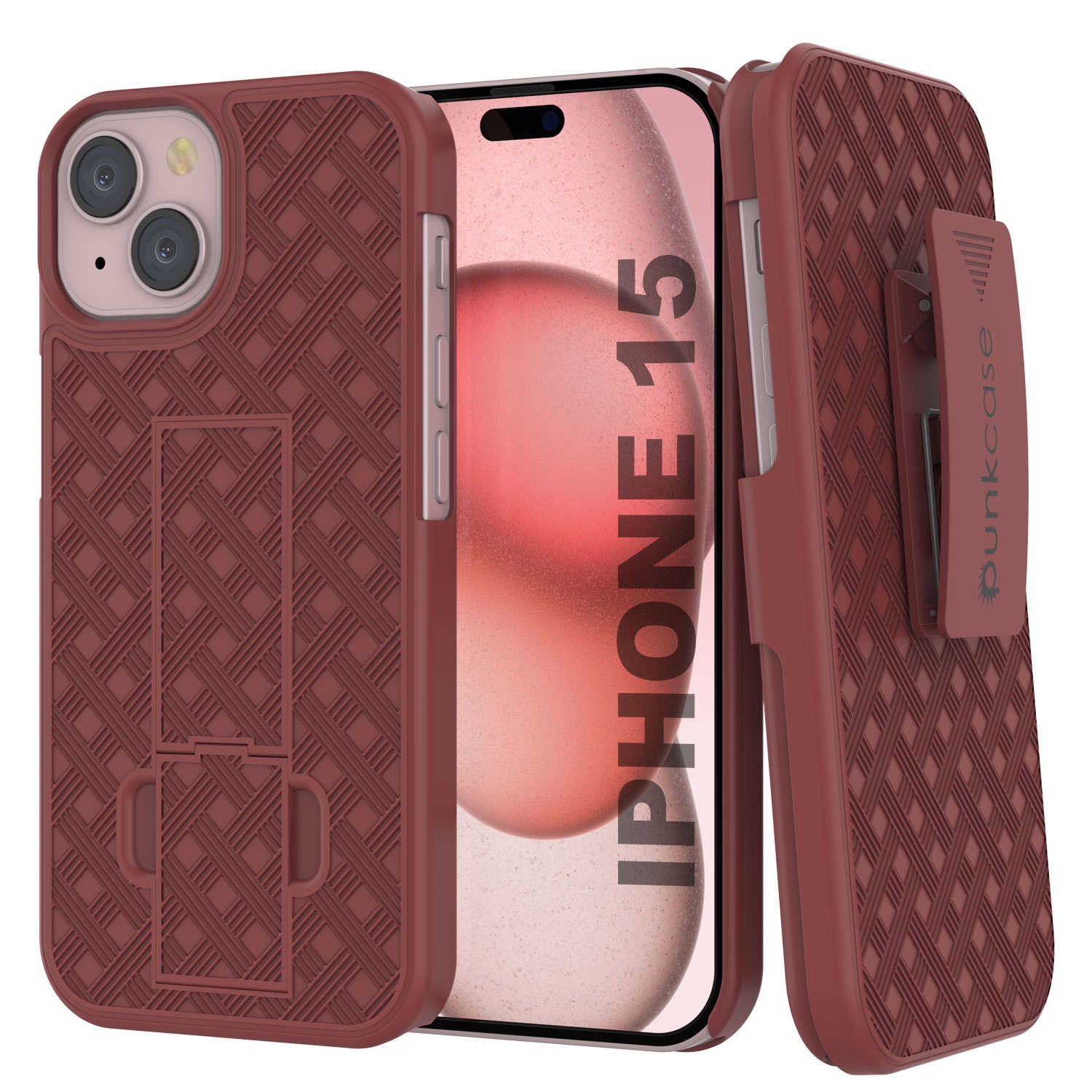 iPhone 15 Case With Tempered Glass Screen Protector, Holster Belt Clip & Built-In Kickstand [Red]