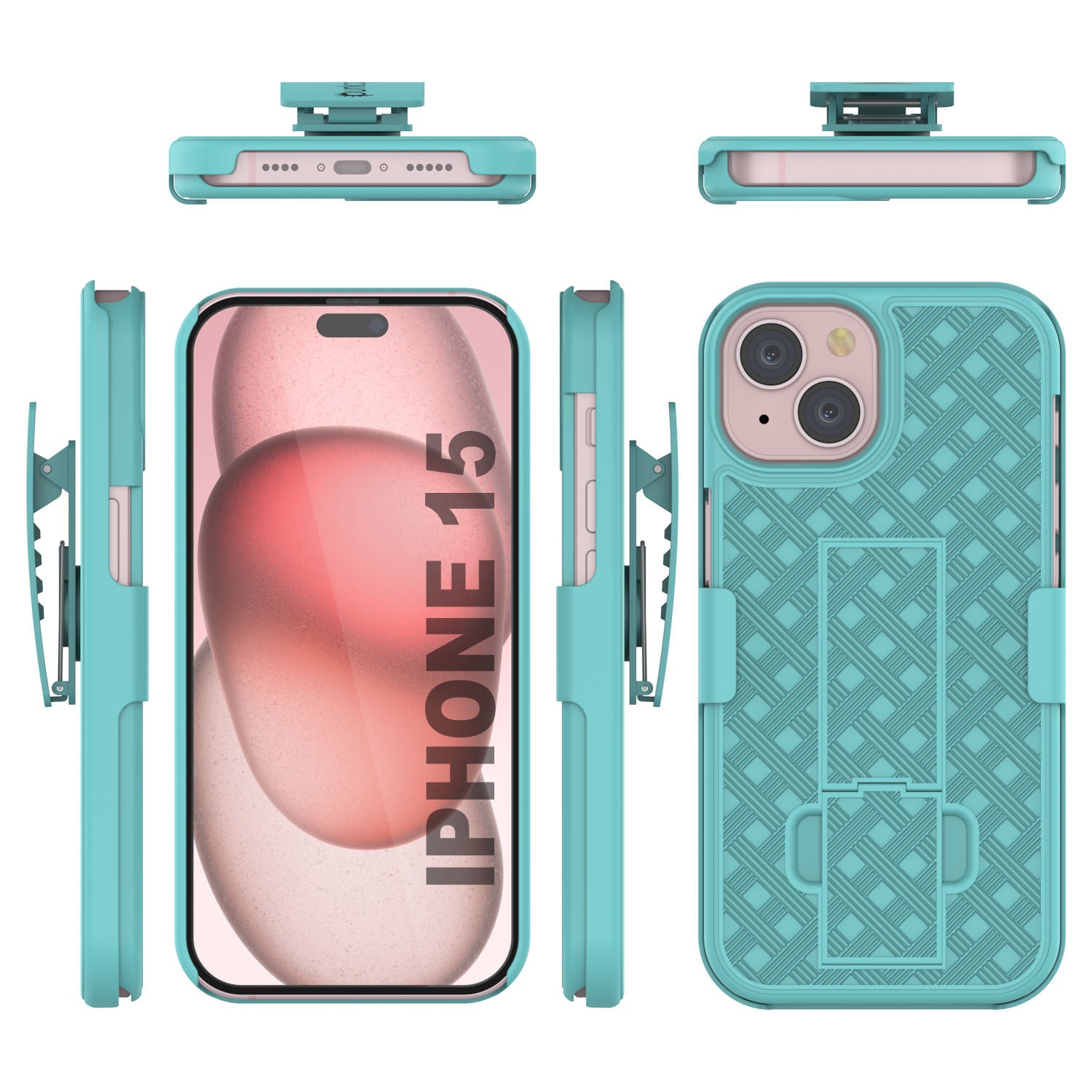 iPhone 15 Case With Tempered Glass Screen Protector, Holster Belt Clip & Built-In Kickstand [Teal]