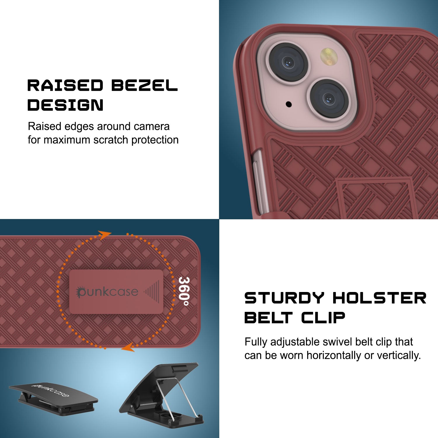 iPhone 15 Case With Tempered Glass Screen Protector, Holster Belt Clip & Built-In Kickstand [Red]