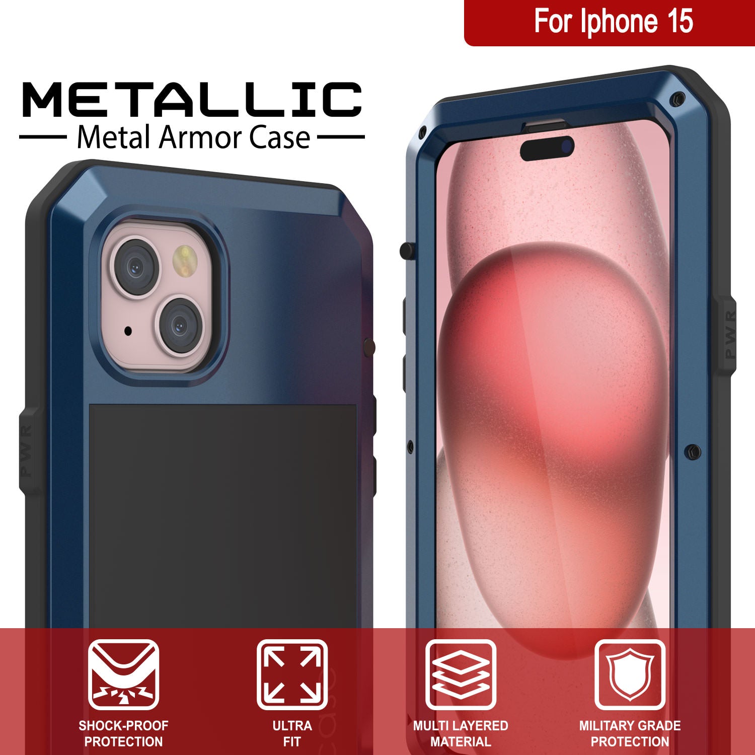 iPhone 15 Metal Case, Heavy Duty Military Grade Armor Cover [shock proof] Full Body Hard [Blue]