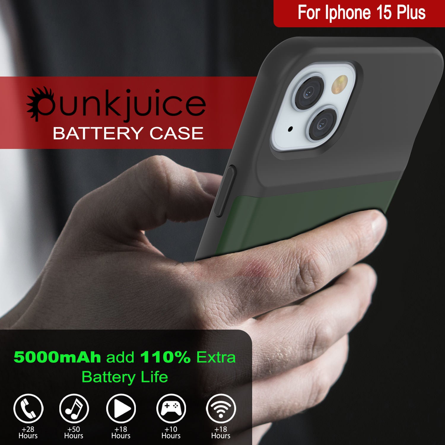iPhone 15 Plus Battery Case, PunkJuice 5000mAH Fast Charging Power Bank W/ Screen Protector | [Green]
