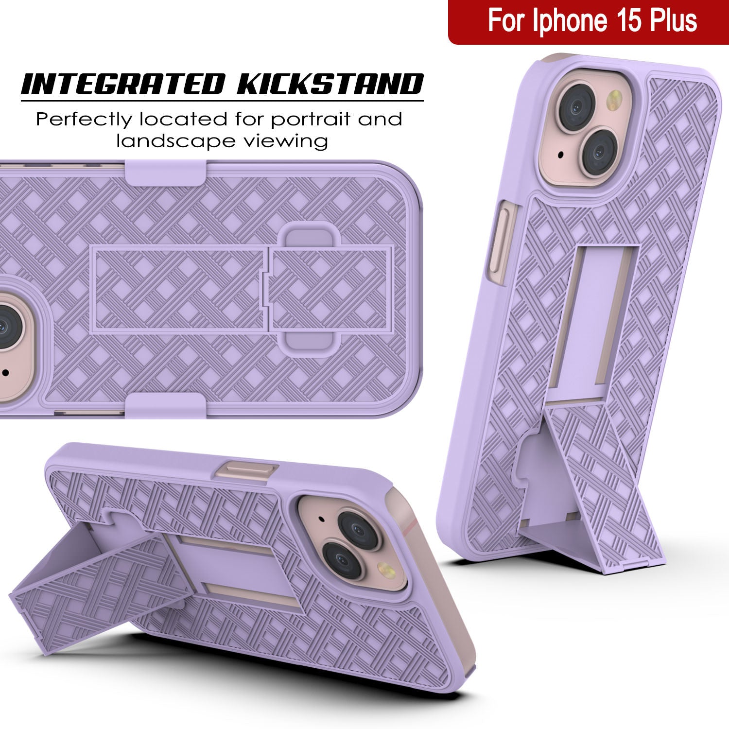 iPhone 15 Plus Case With Tempered Glass Screen Protector, Holster Belt Clip & Built-In Kickstand [Lilac]