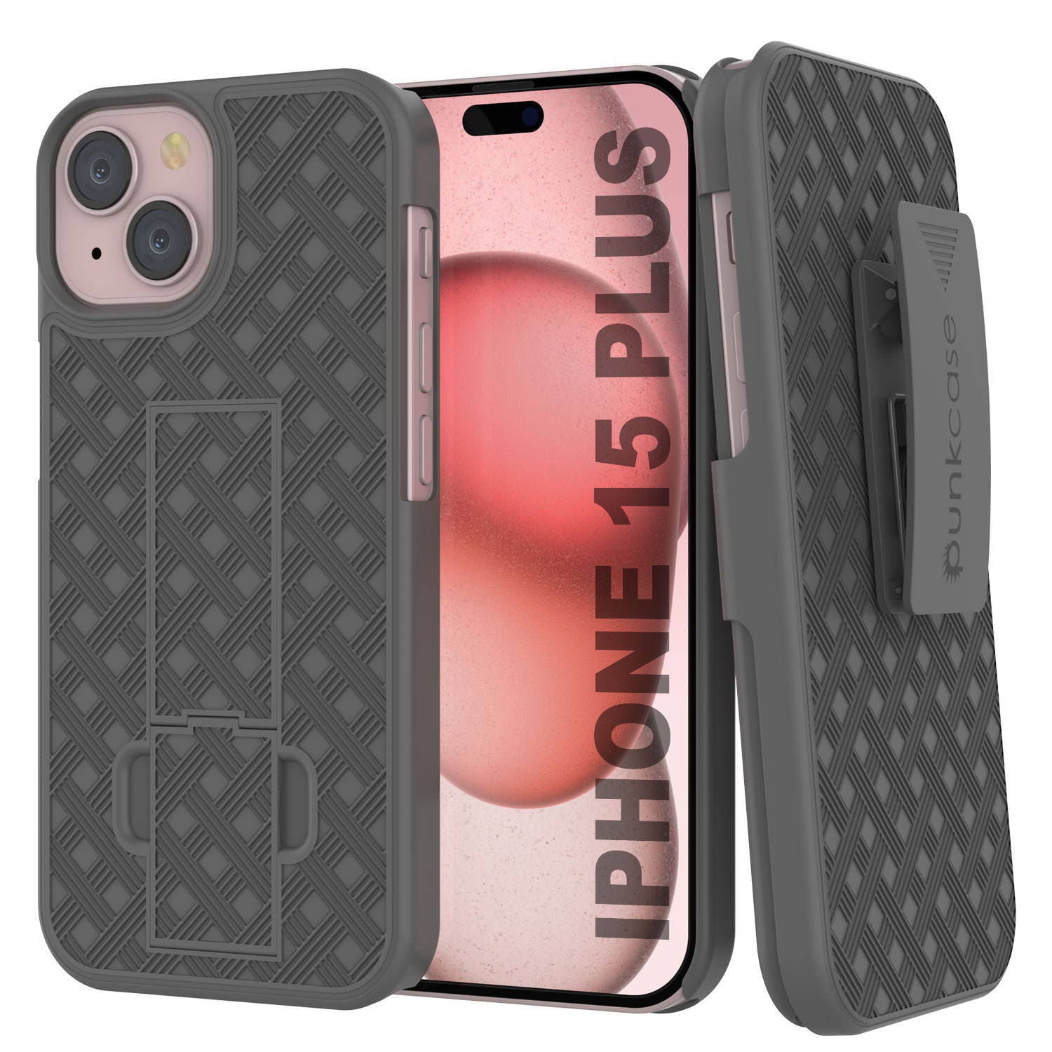 iPhone 15 Plus Case With Tempered Glass Screen Protector, Holster Belt Clip & Built-In Kickstand [Grey]