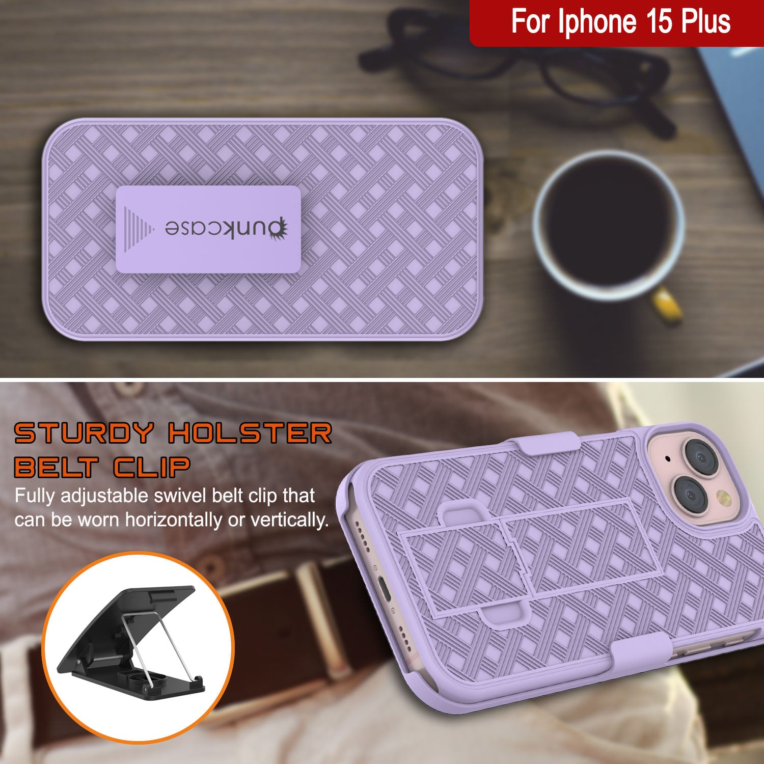 iPhone 15 Plus Case With Tempered Glass Screen Protector, Holster Belt Clip & Built-In Kickstand [Lilac]