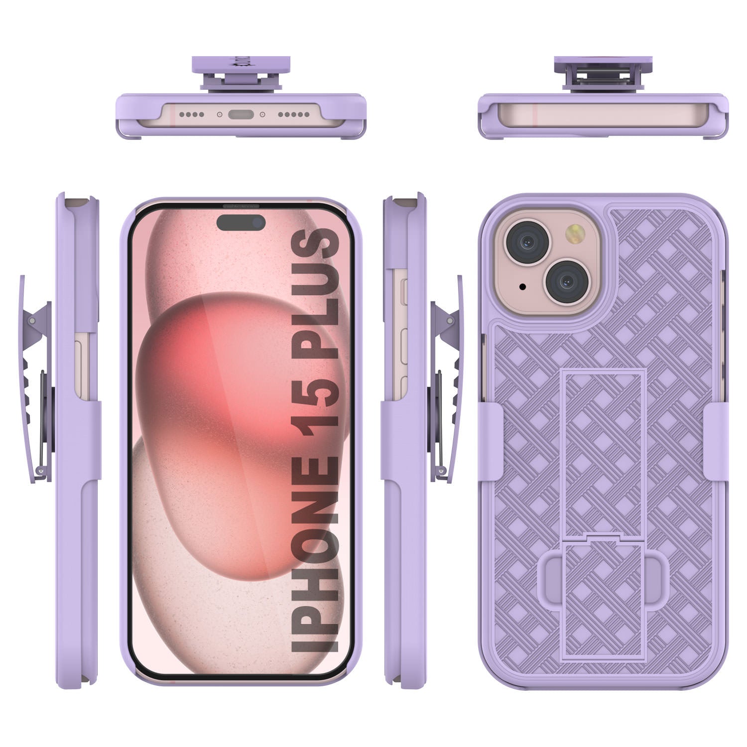iPhone 15 Plus Case With Tempered Glass Screen Protector, Holster Belt Clip & Built-In Kickstand [Lilac]