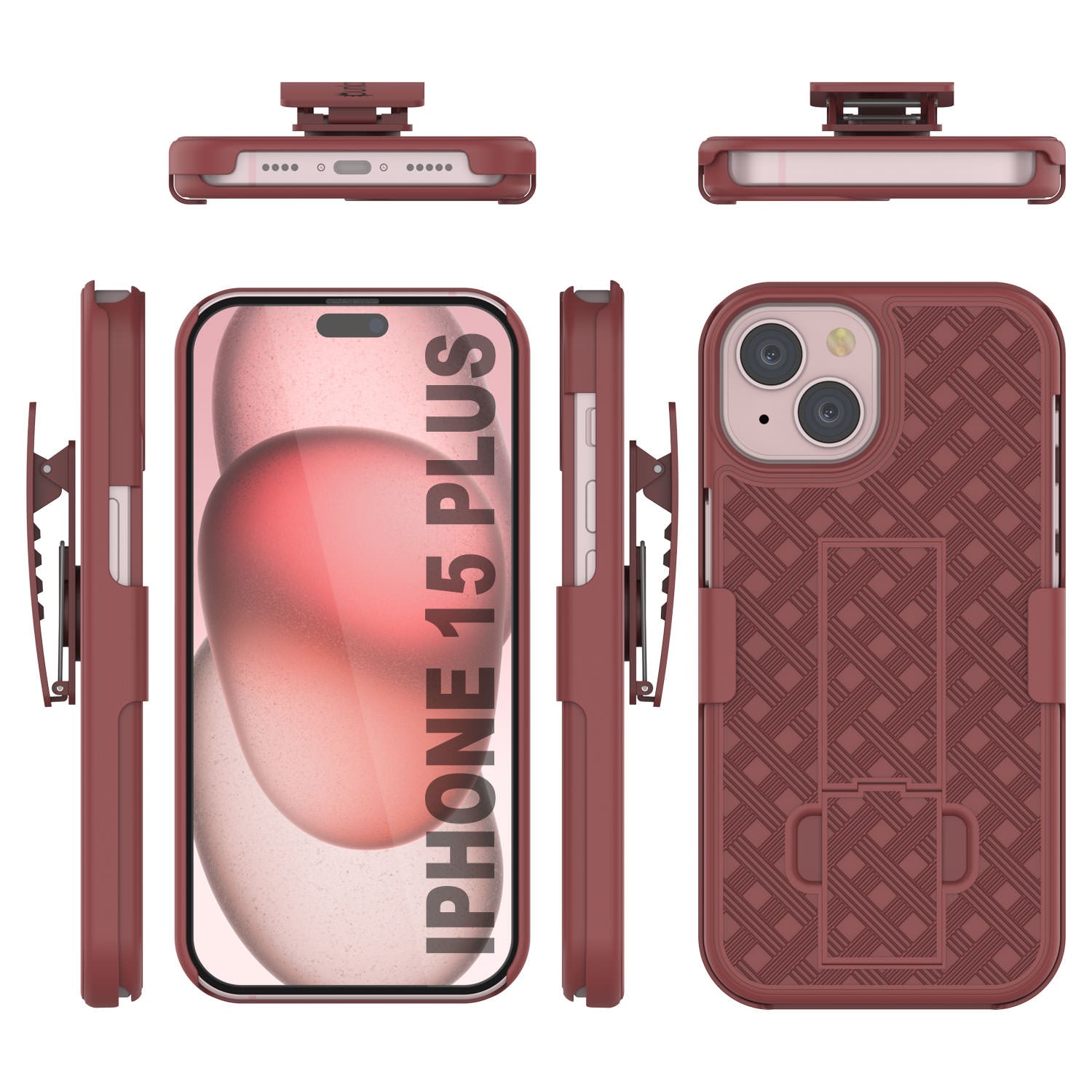 iPhone 15 Plus Case With Tempered Glass Screen Protector, Holster Belt Clip & Built-In Kickstand [Red]