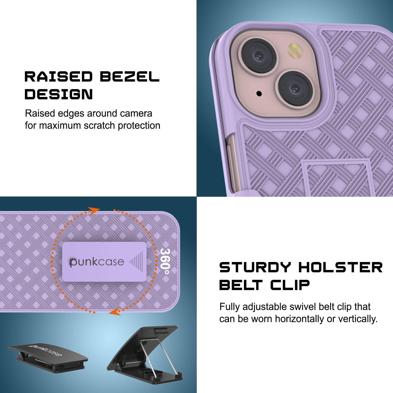 iPhone 15 Plus Case With Tempered Glass Screen Protector, Holster Belt Clip & Built-In Kickstand [Lilac]