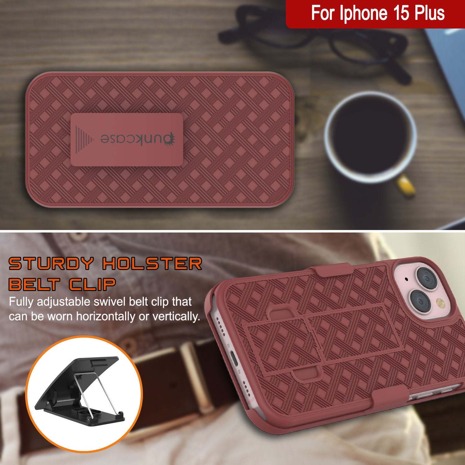 iPhone 15 Plus Case With Tempered Glass Screen Protector, Holster Belt Clip & Built-In Kickstand [Red]