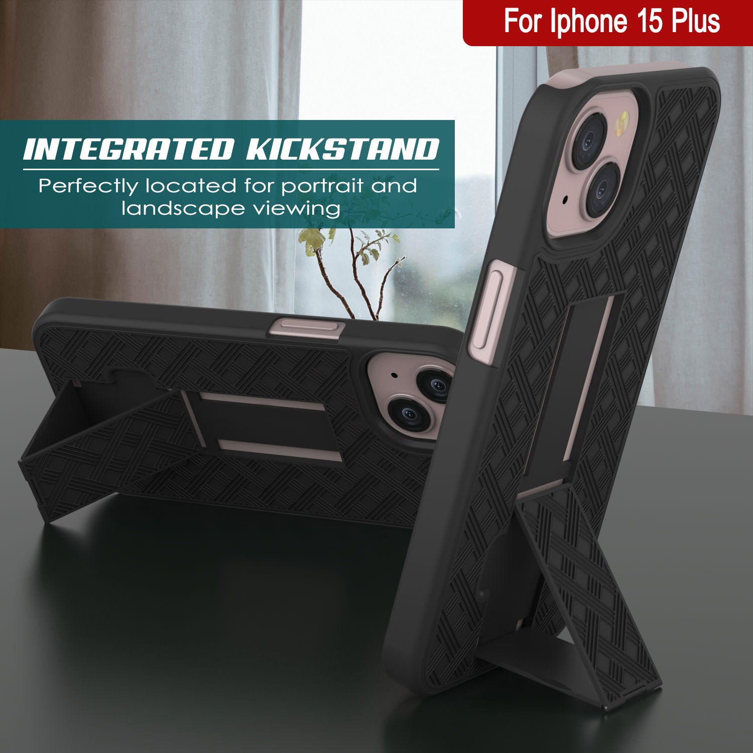 iPhone 15 Plus Case With Tempered Glass Screen Protector, Holster Belt Clip & Built-In Kickstand [Black]