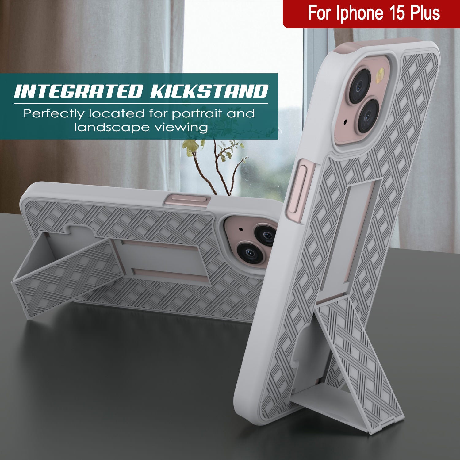 iPhone 15 Plus Case With Tempered Glass Screen Protector, Holster Belt Clip & Built-In Kickstand [White]