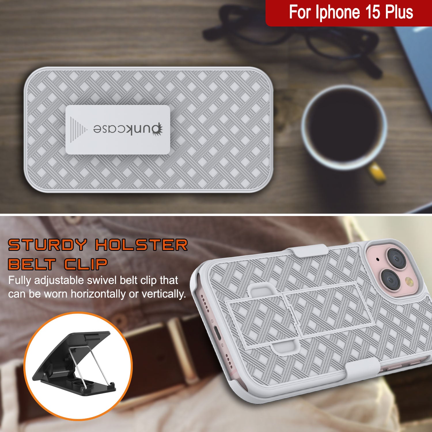 iPhone 15 Plus Case With Tempered Glass Screen Protector, Holster Belt Clip & Built-In Kickstand [White]