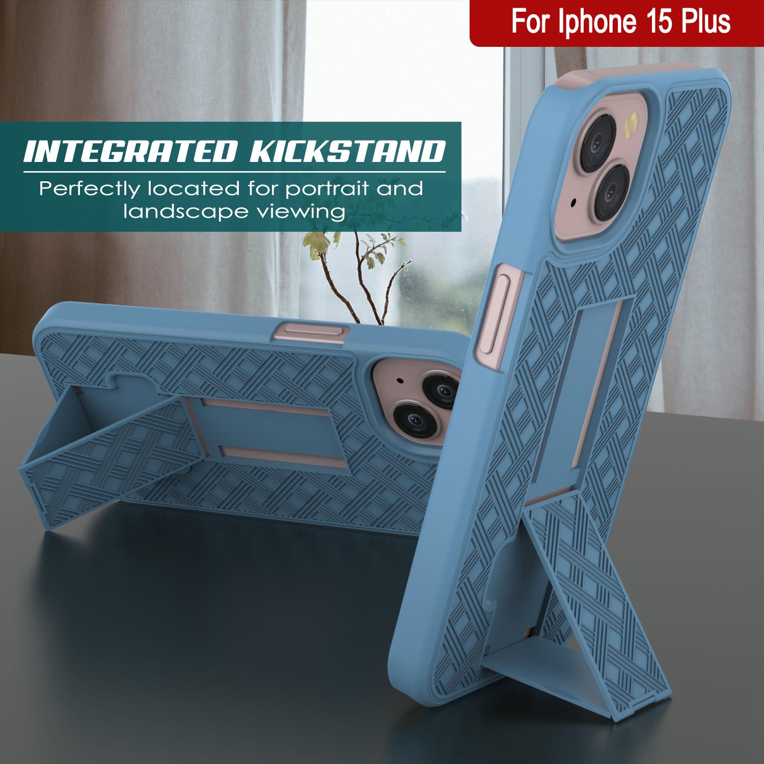 iPhone 15 Plus Case With Tempered Glass Screen Protector, Holster Belt Clip & Built-In Kickstand [Blue]