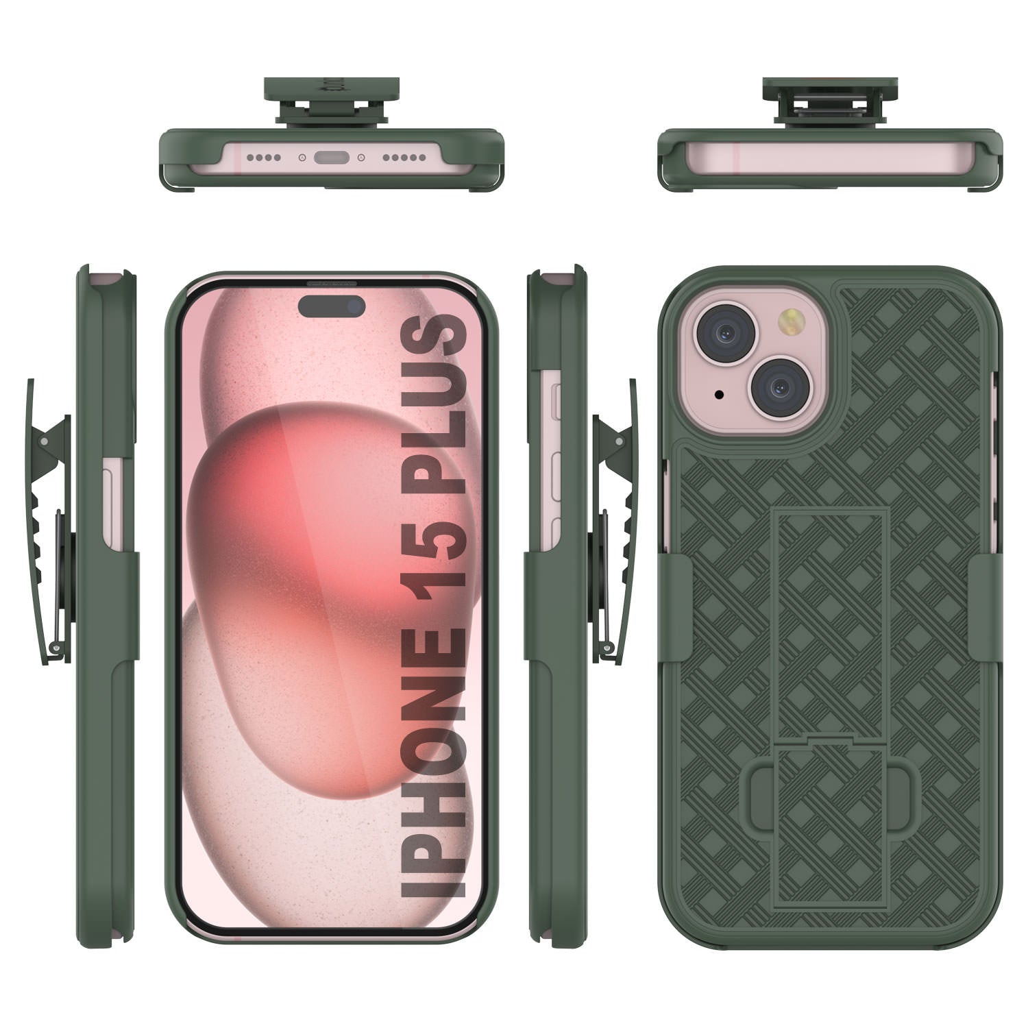 iPhone 15 Plus Case With Tempered Glass Screen Protector, Holster Belt Clip & Built-In Kickstand [Green]