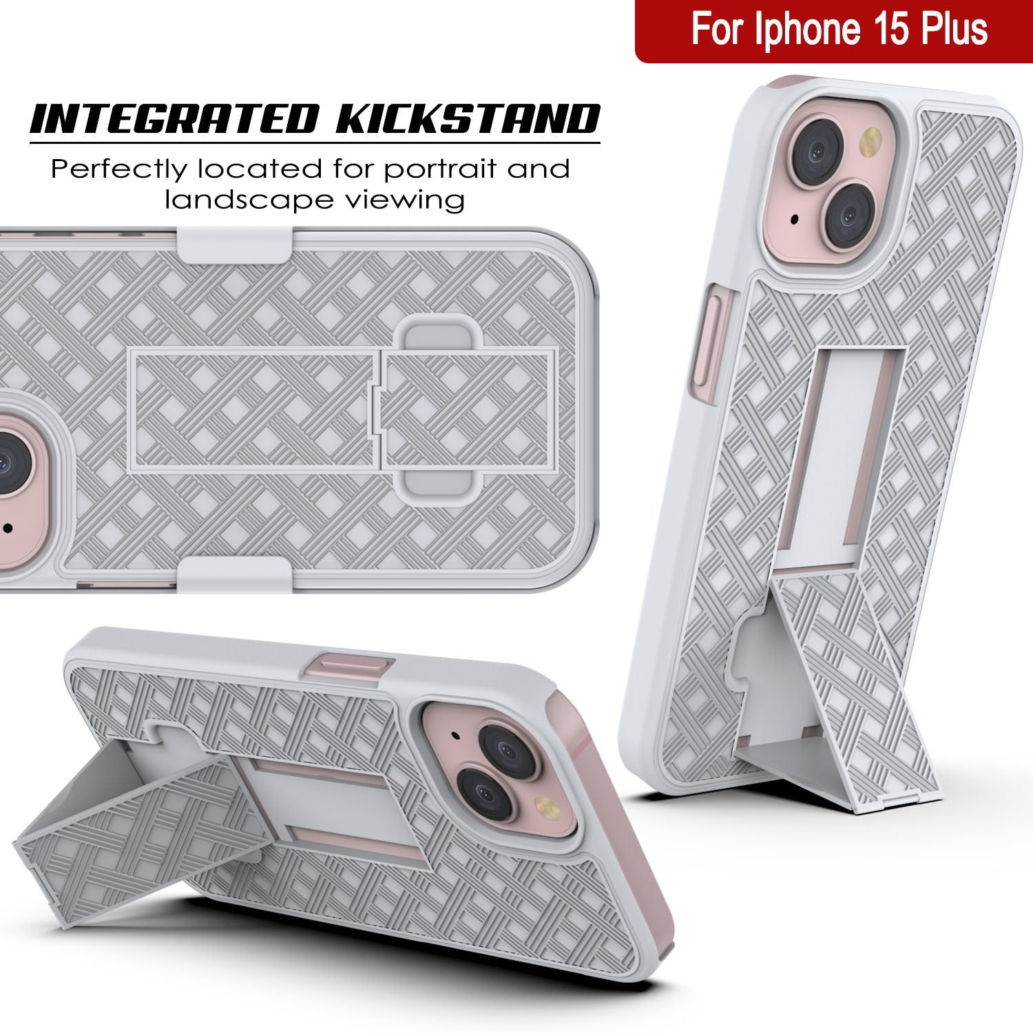 iPhone 15 Plus Case With Tempered Glass Screen Protector, Holster Belt Clip & Built-In Kickstand [White]