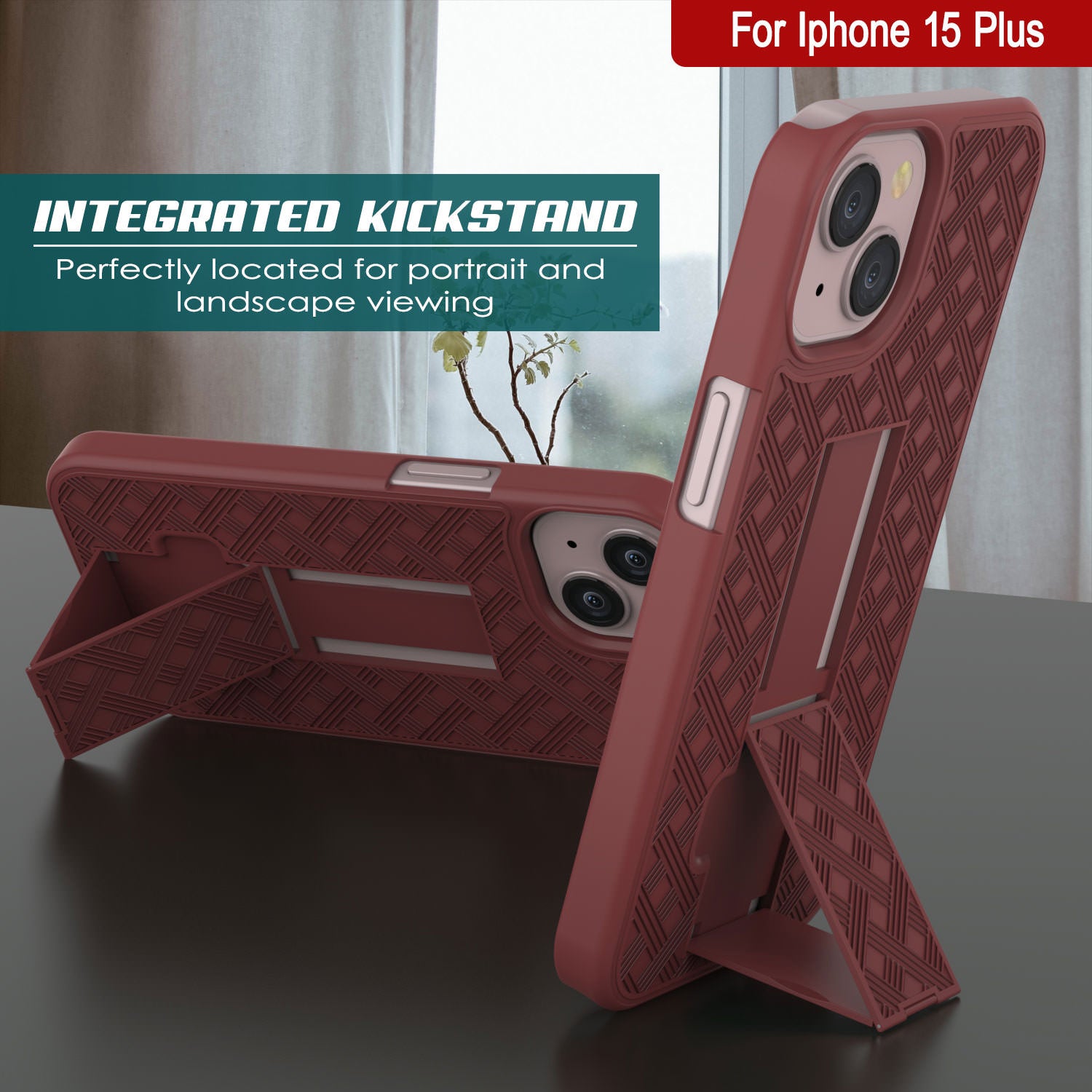 iPhone 15 Plus Case With Tempered Glass Screen Protector, Holster Belt Clip & Built-In Kickstand [Red]