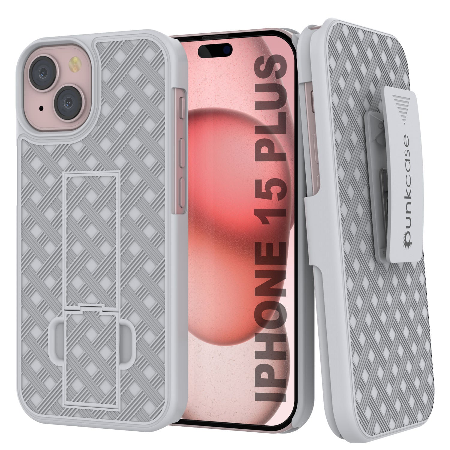 iPhone 15 Plus Case With Tempered Glass Screen Protector, Holster Belt Clip & Built-In Kickstand [White]
