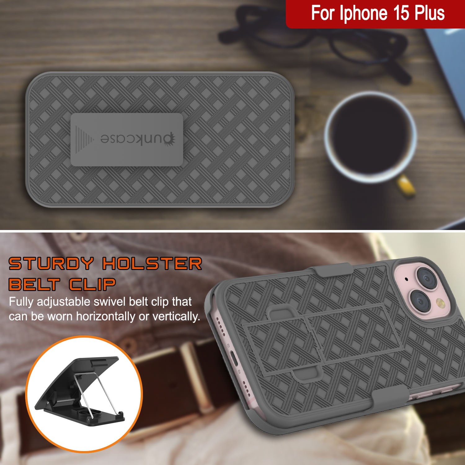 iPhone 15 Plus Case With Tempered Glass Screen Protector, Holster Belt Clip & Built-In Kickstand [Grey]