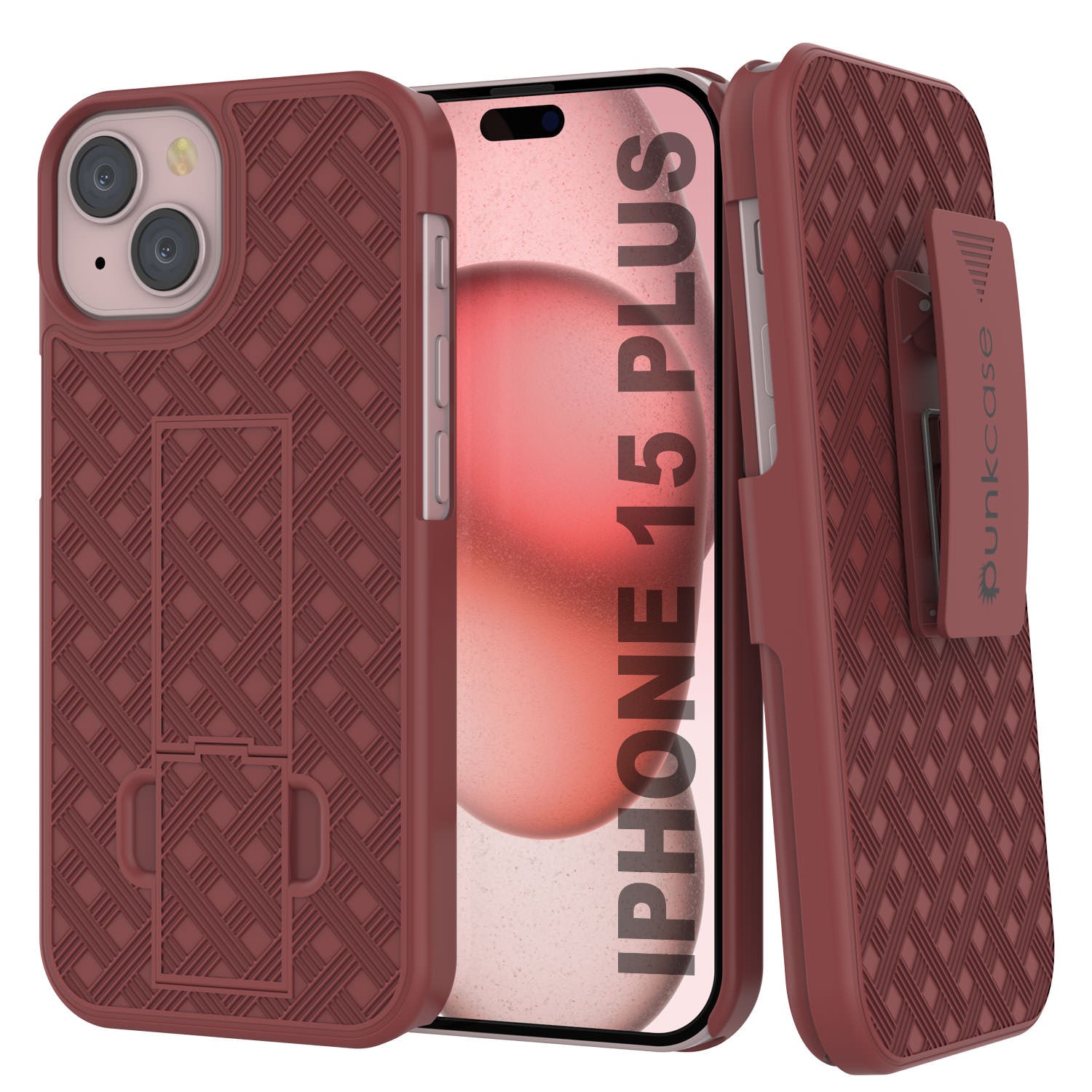 iPhone 15 Plus Case With Tempered Glass Screen Protector, Holster Belt Clip & Built-In Kickstand [Red]