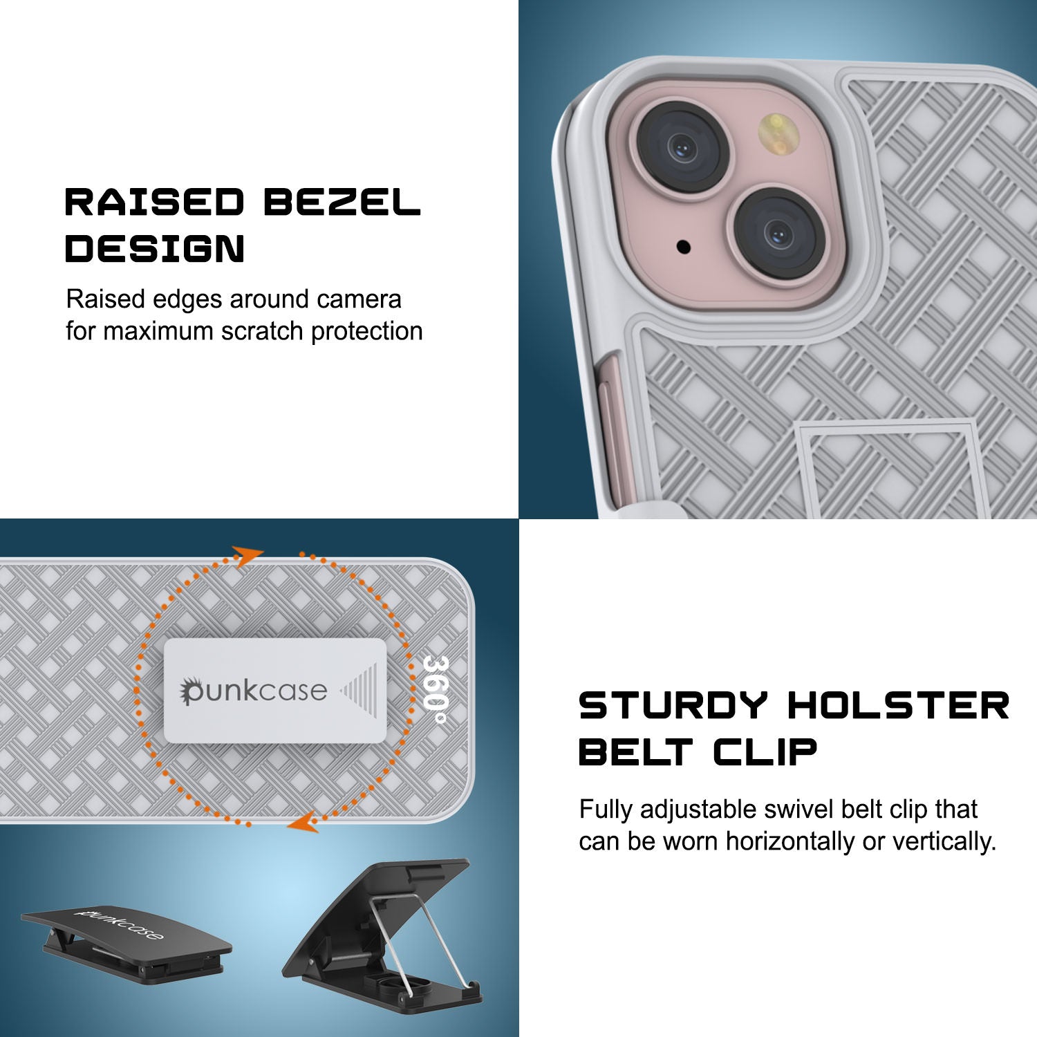 iPhone 15 Plus Case With Tempered Glass Screen Protector, Holster Belt Clip & Built-In Kickstand [White]