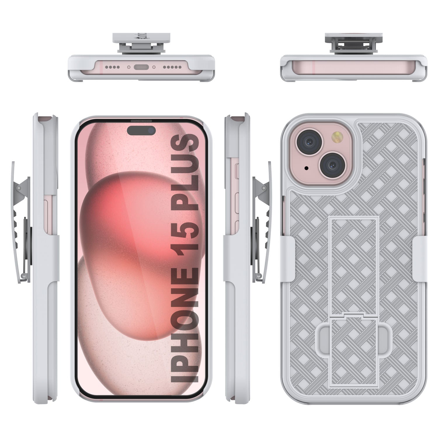 iPhone 15 Plus Case With Tempered Glass Screen Protector, Holster Belt Clip & Built-In Kickstand [White]