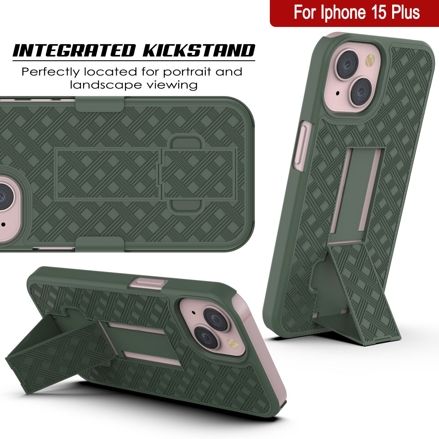 iPhone 15 Plus Case With Tempered Glass Screen Protector, Holster Belt Clip & Built-In Kickstand [Green]
