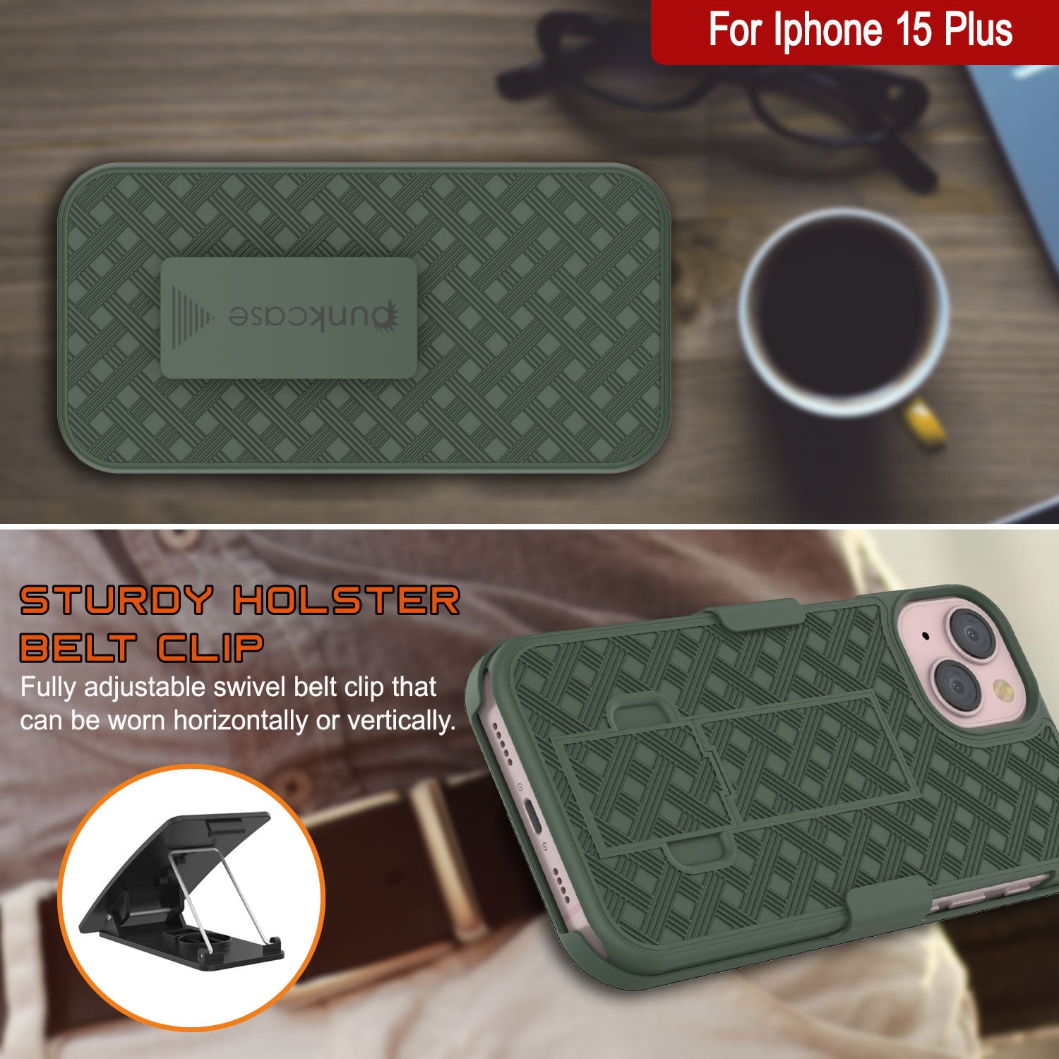 iPhone 15 Plus Case With Tempered Glass Screen Protector, Holster Belt Clip & Built-In Kickstand [Green]