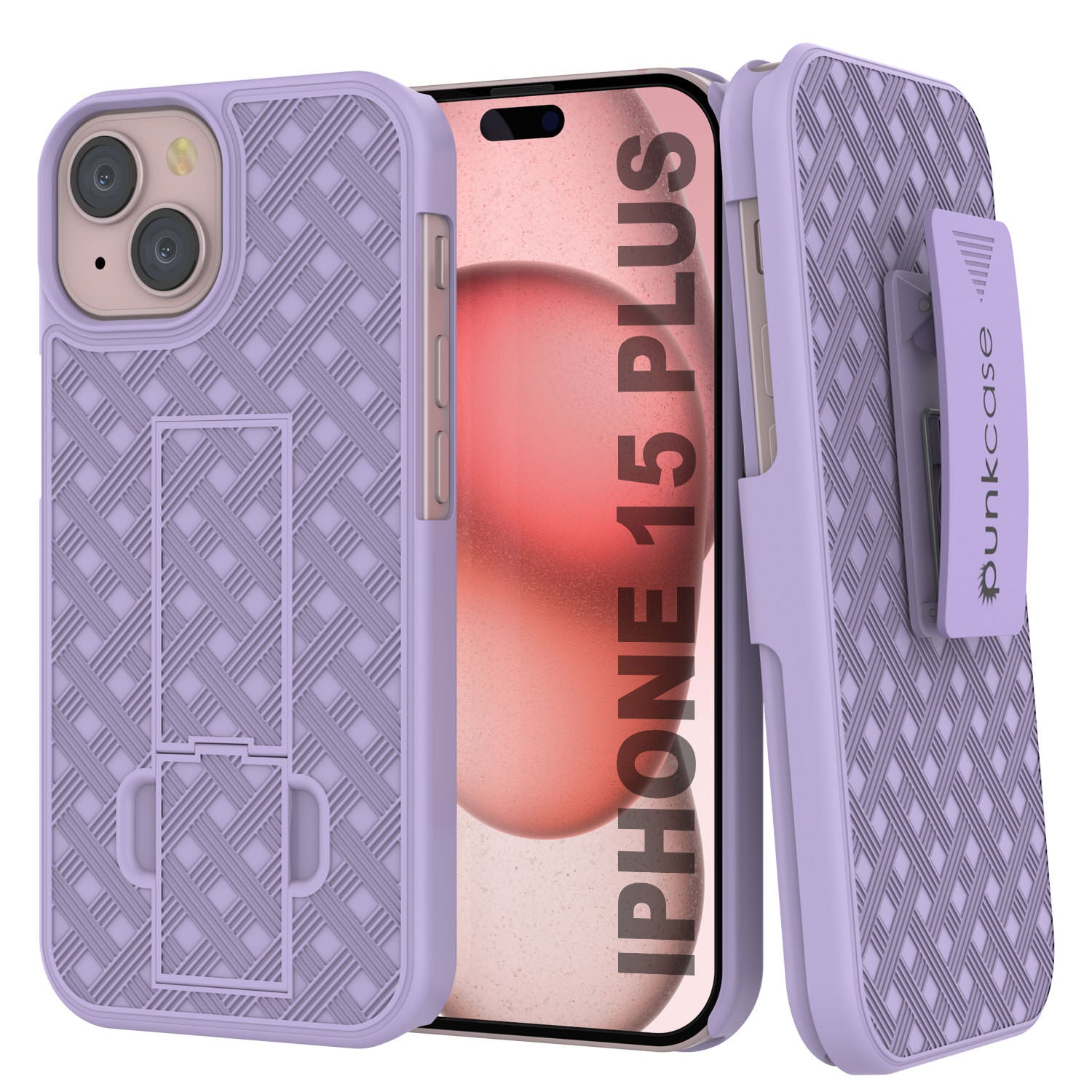 iPhone 15 Plus Case With Tempered Glass Screen Protector, Holster Belt Clip & Built-In Kickstand [Lilac]