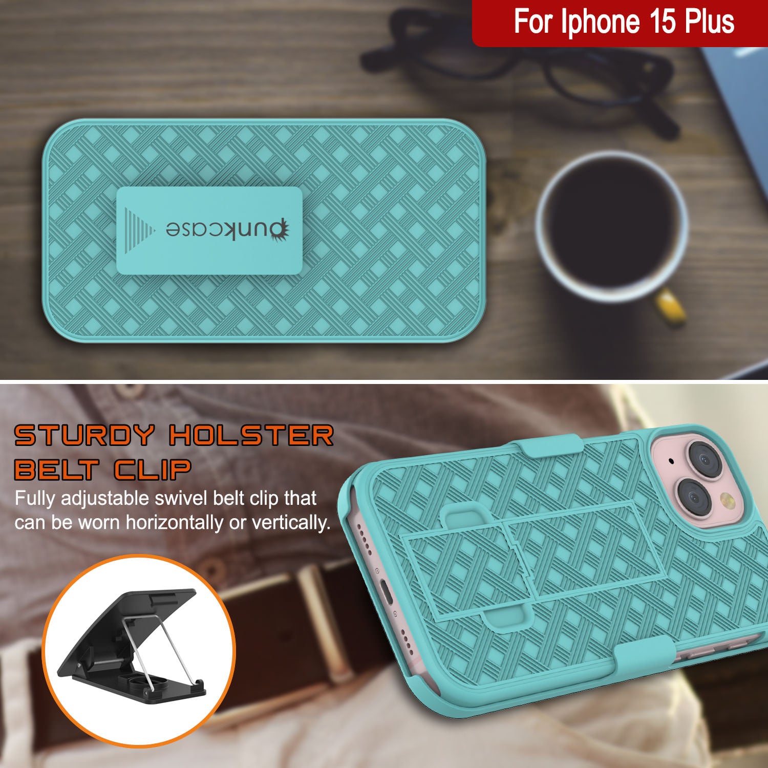 iPhone 15 Plus Case With Tempered Glass Screen Protector, Holster Belt Clip & Built-In Kickstand [Teal]