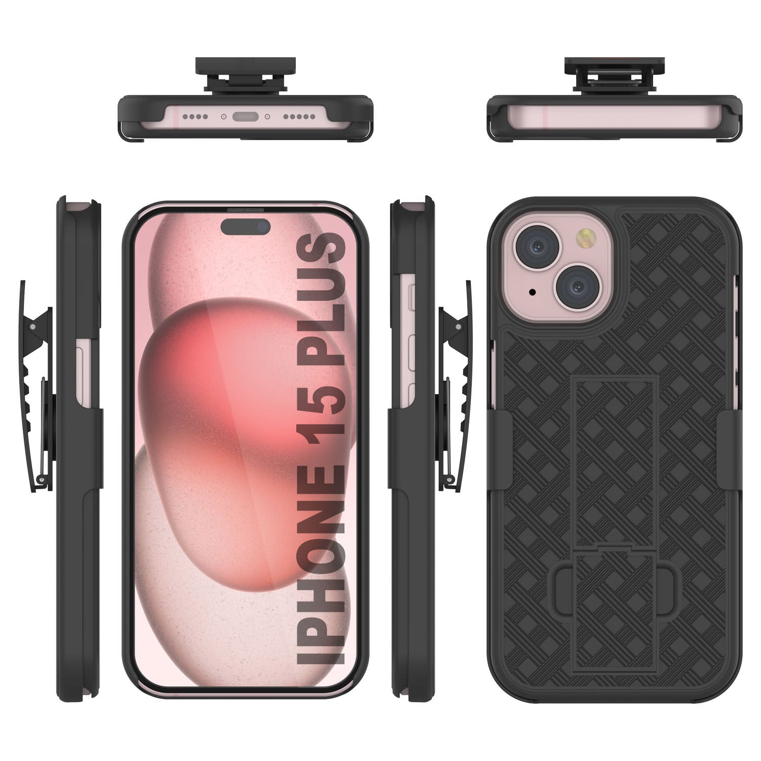 iPhone 15 Plus Case With Tempered Glass Screen Protector, Holster Belt Clip & Built-In Kickstand [Black]