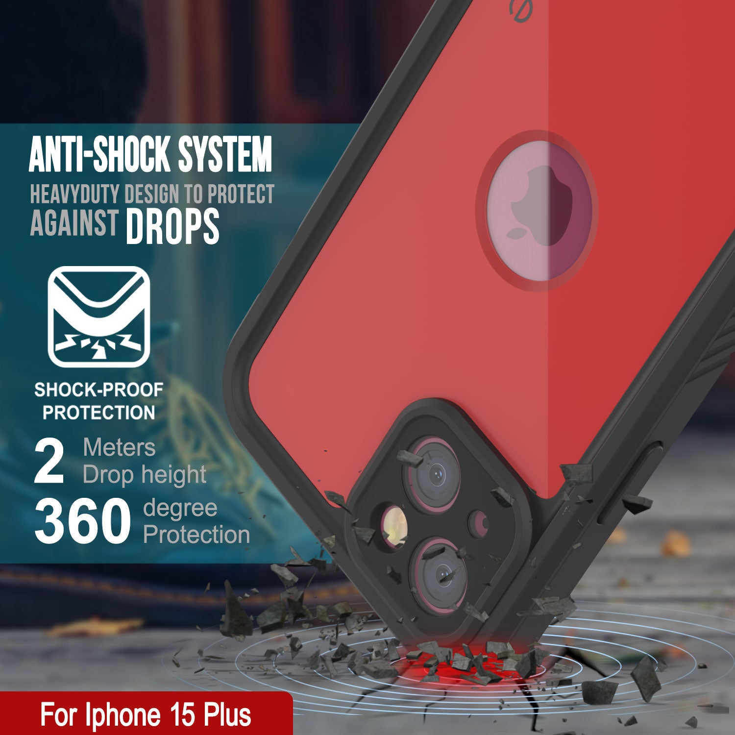 iPhone 15 Plus Waterproof IP68 Case, Punkcase [Red] [StudStar Series] [Slim Fit]