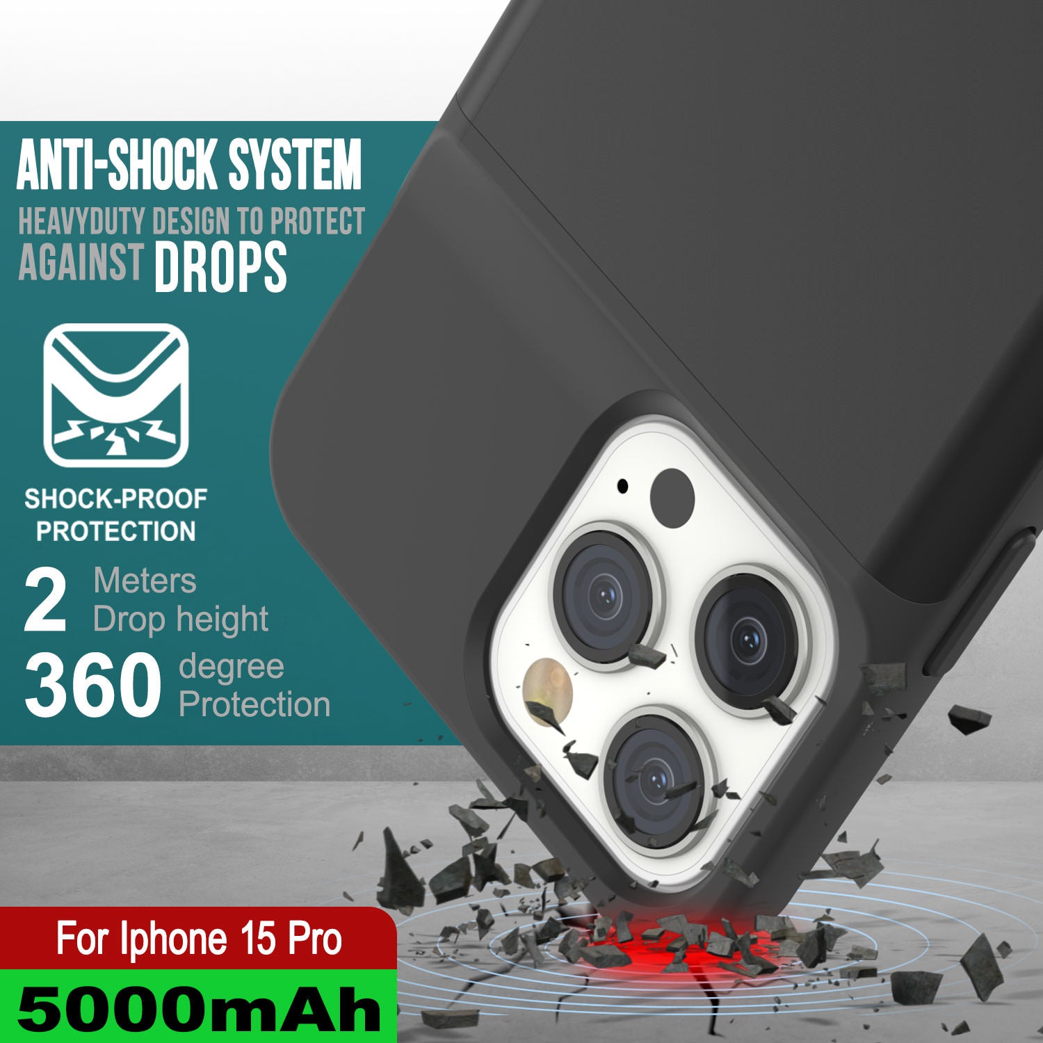 iPhone 15 Pro Battery Case, PunkJuice 5000mAH Fast Charging Power Bank W/ Screen Protector | [Black]