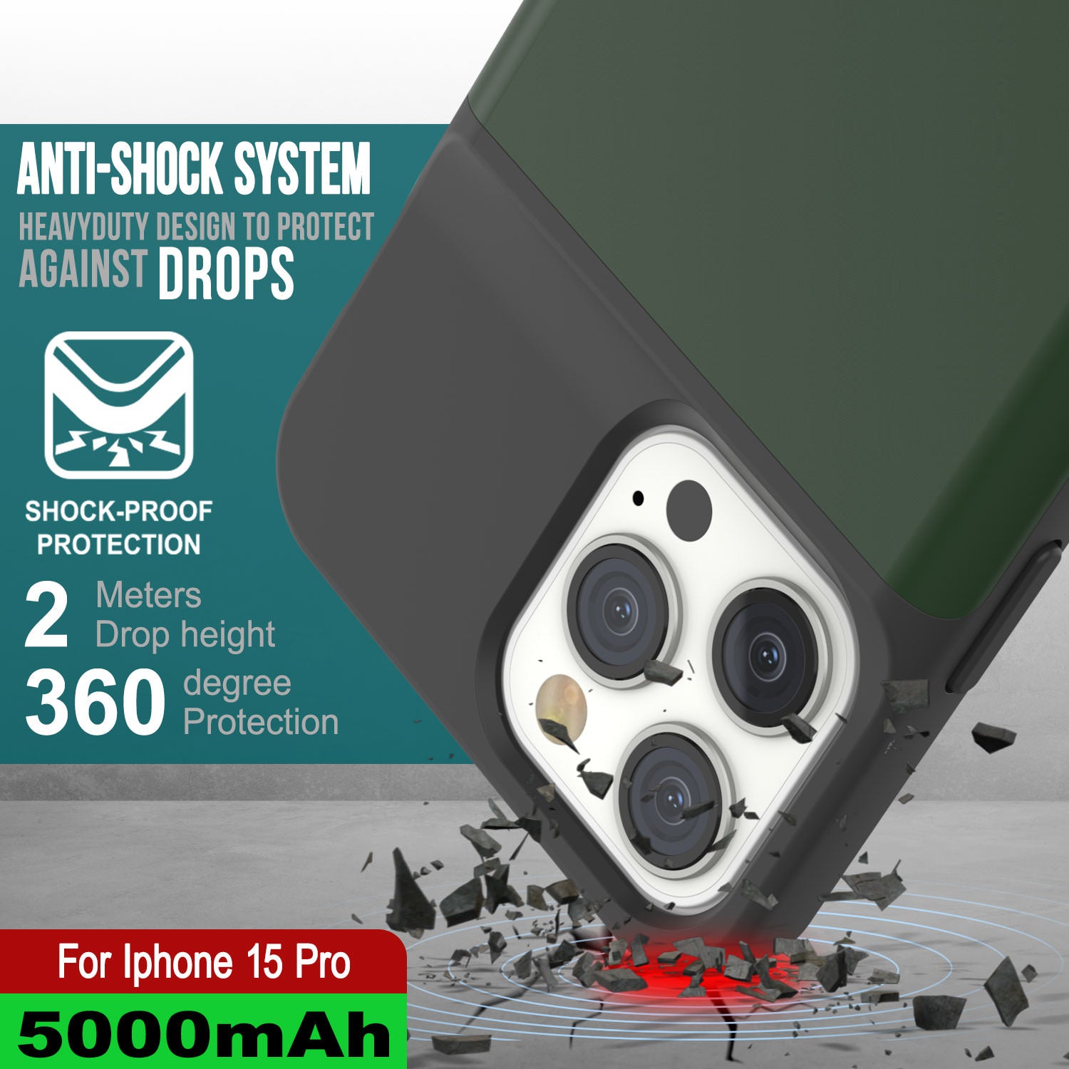 iPhone 15 Pro Battery Case, PunkJuice 5000mAH Fast Charging Power Bank W/ Screen Protector | [Green]