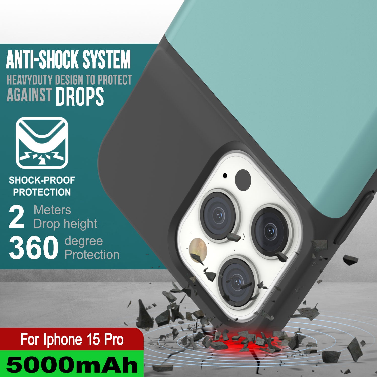 iPhone 15 Pro Battery Case, PunkJuice 5000mAH Fast Charging Power Bank W/ Screen Protector | [Teal]