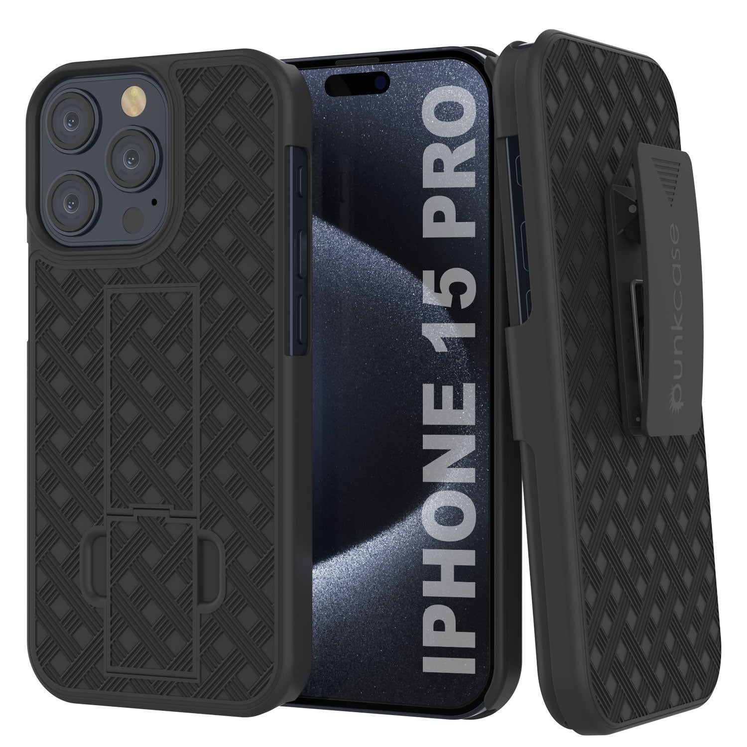 iPhone 15 Pro Case With Tempered Glass Screen Protector, Holster Belt Clip & Built-In Kickstand [Black]