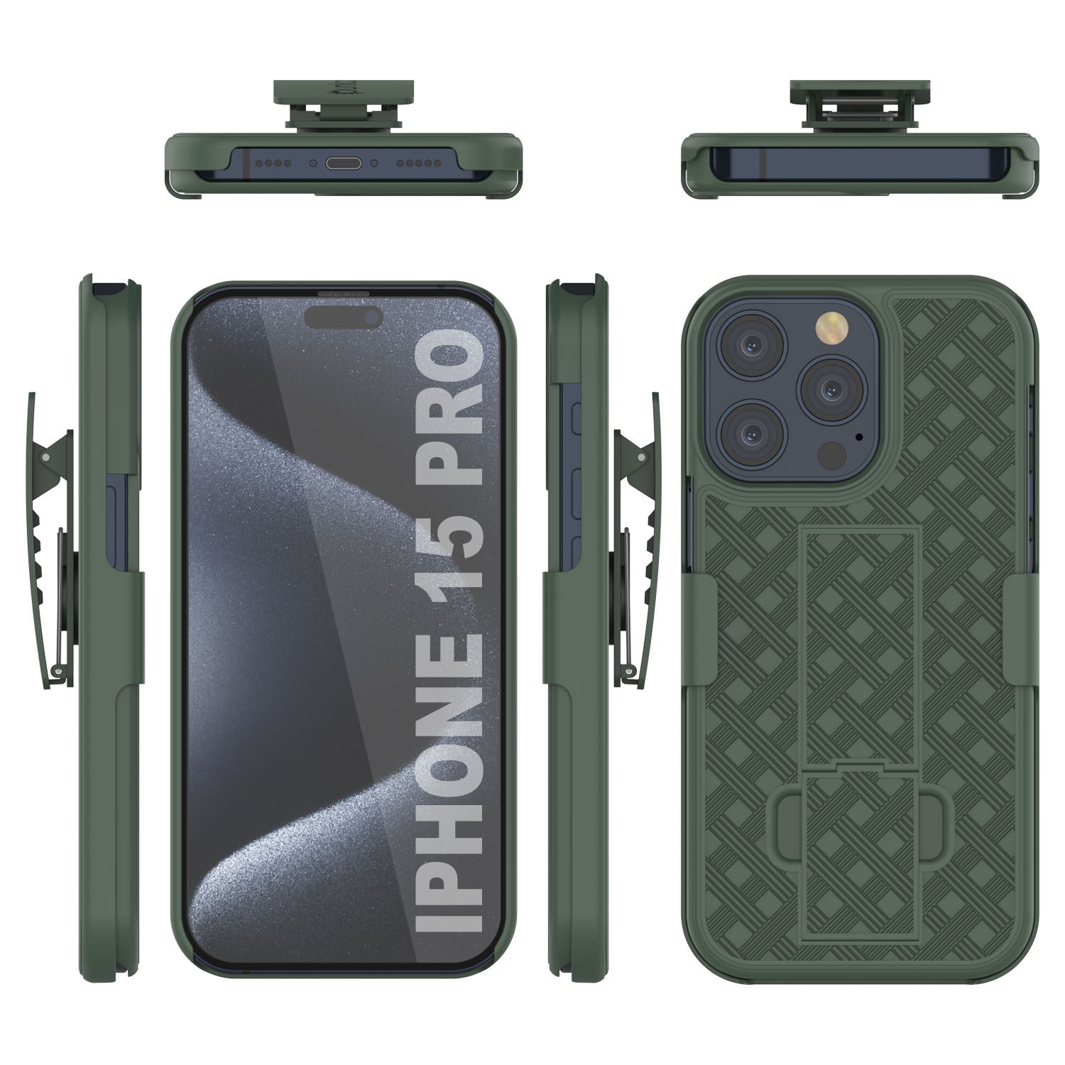 iPhone 15 Pro Case With Tempered Glass Screen Protector, Holster Belt Clip & Built-In Kickstand [Green]