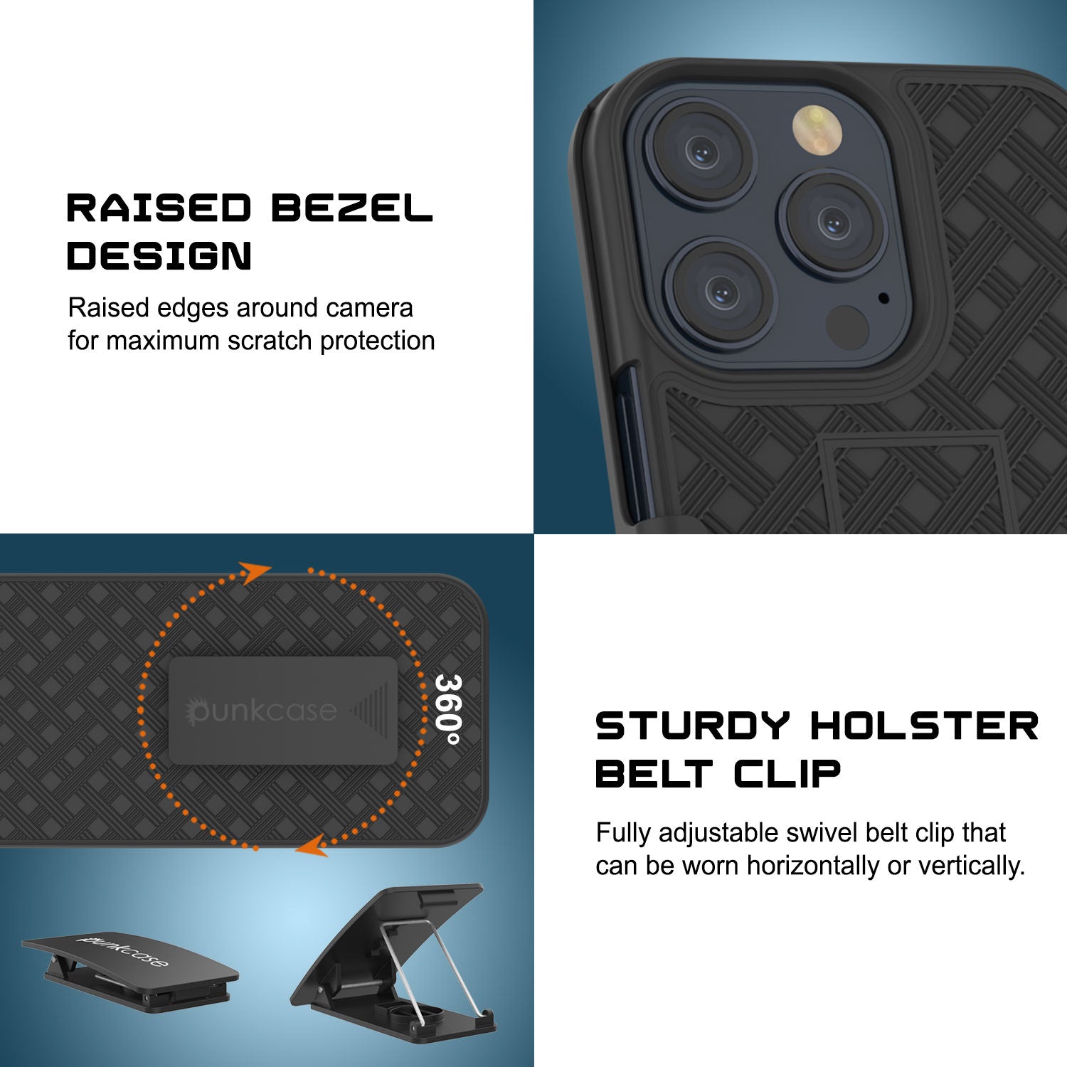 iPhone 15 Pro Case With Tempered Glass Screen Protector, Holster Belt Clip & Built-In Kickstand [Black]