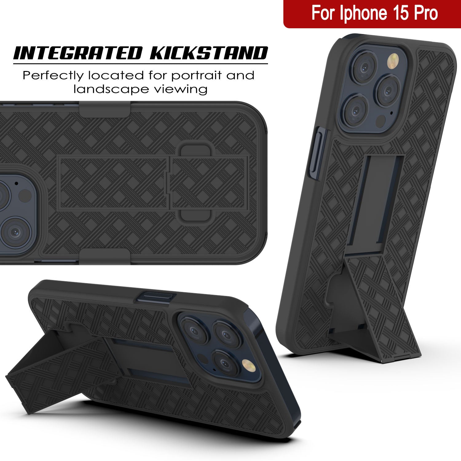 iPhone 15 Pro Case With Tempered Glass Screen Protector, Holster Belt Clip & Built-In Kickstand [Black]