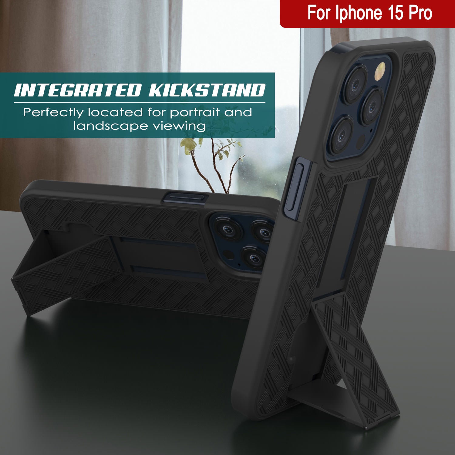 iPhone 15 Pro Case With Tempered Glass Screen Protector, Holster Belt Clip & Built-In Kickstand [Black]