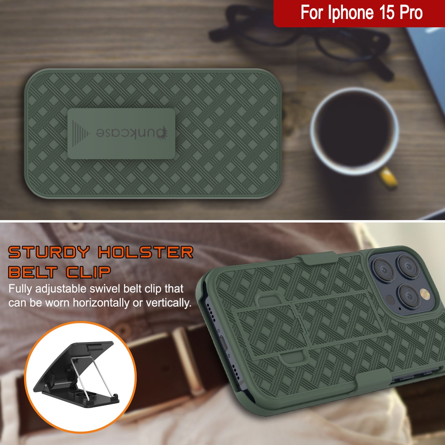 iPhone 15 Pro Case With Tempered Glass Screen Protector, Holster Belt Clip & Built-In Kickstand [Green]