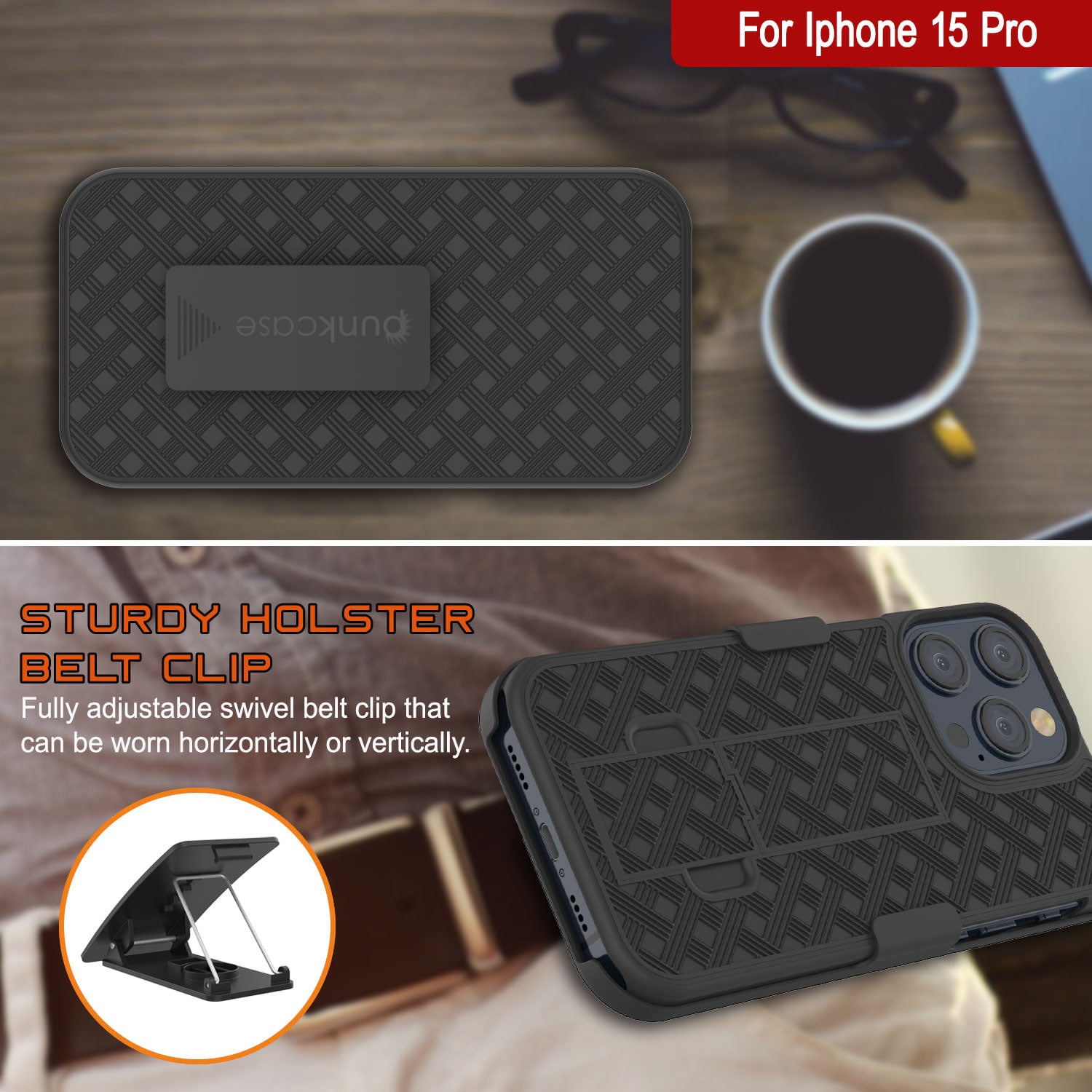 iPhone 15 Pro Case With Tempered Glass Screen Protector, Holster Belt Clip & Built-In Kickstand [Black]