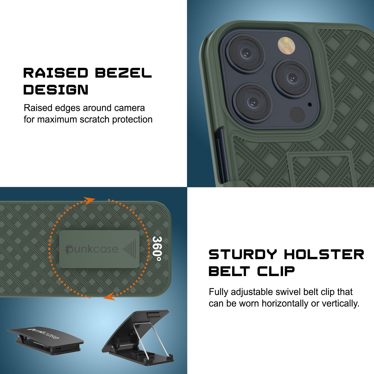 iPhone 15 Pro Case With Tempered Glass Screen Protector, Holster Belt Clip & Built-In Kickstand [Green]