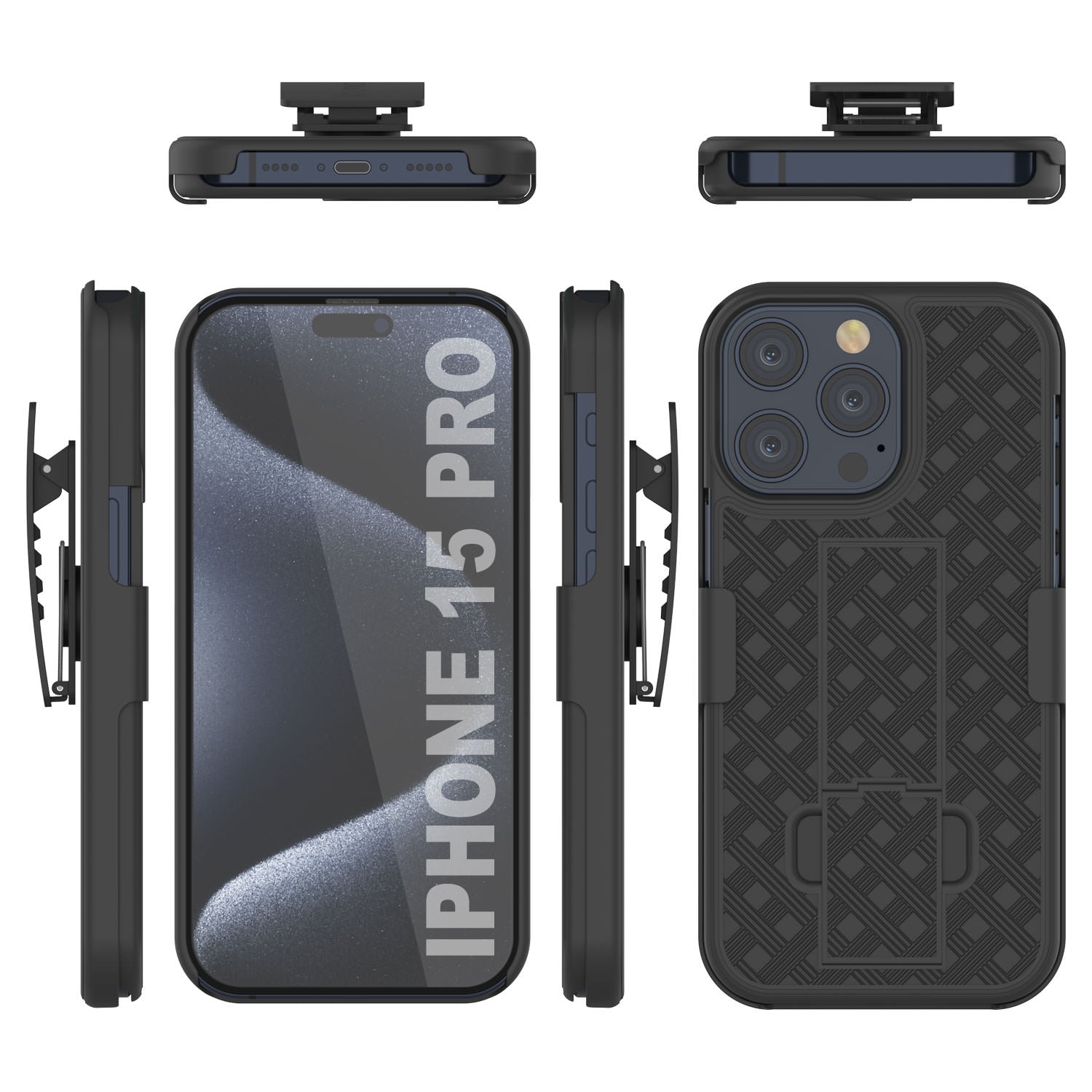 iPhone 15 Pro Case With Tempered Glass Screen Protector, Holster Belt Clip & Built-In Kickstand [Black]