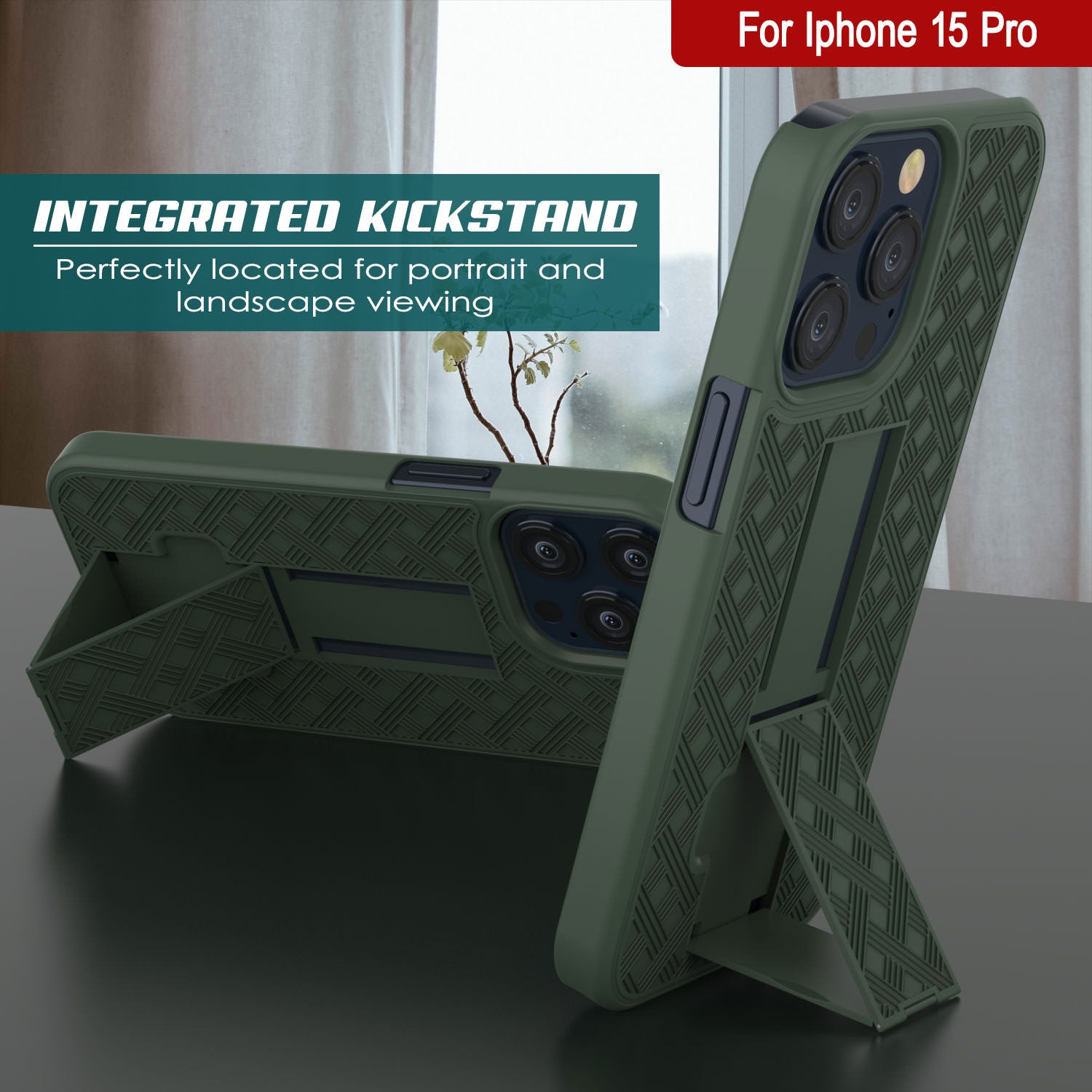 iPhone 15 Pro Case With Tempered Glass Screen Protector, Holster Belt Clip & Built-In Kickstand [Green]