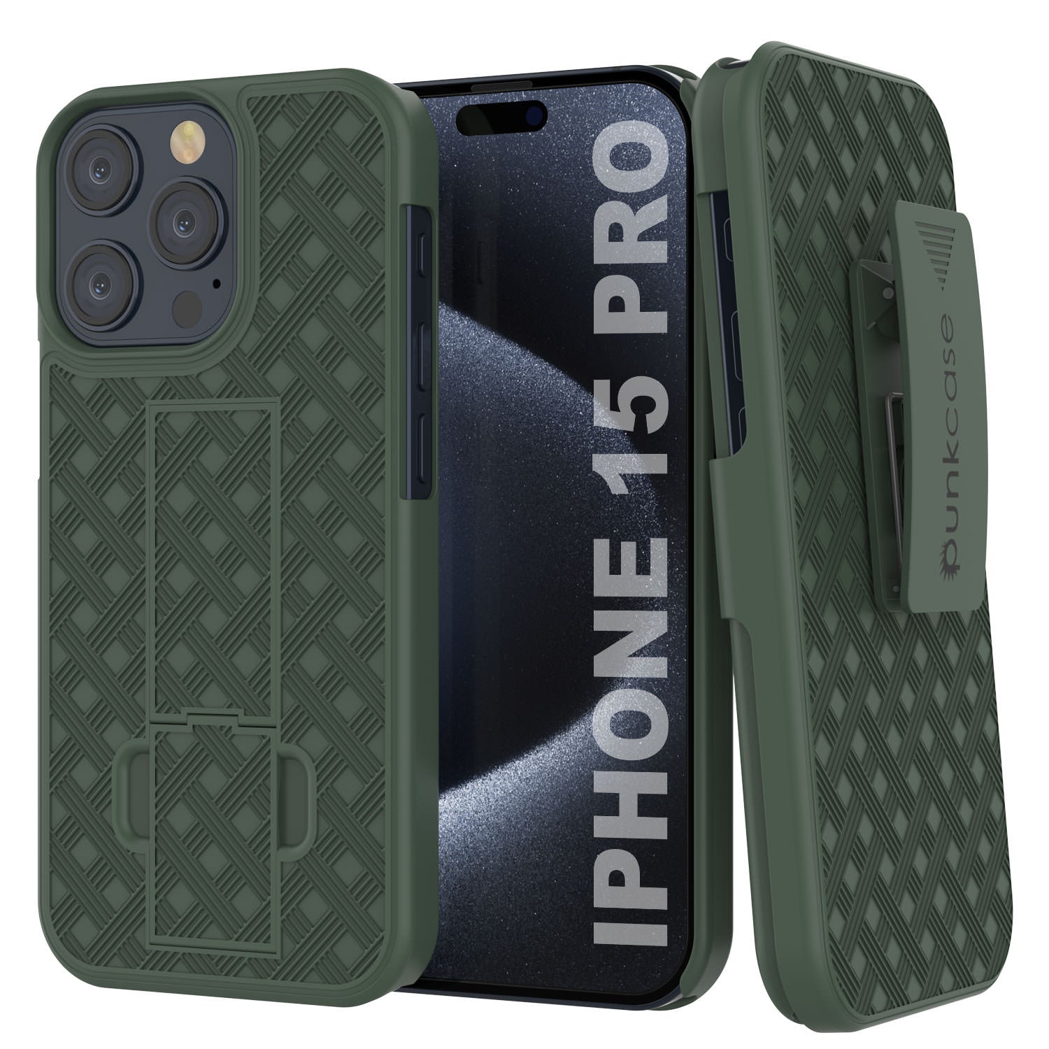 iPhone 15 Pro Case With Tempered Glass Screen Protector, Holster Belt Clip & Built-In Kickstand [Green]